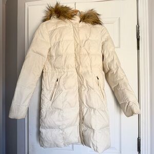 Talbots Cream Down Feather Puffer Jacket with Faux Fur Trim